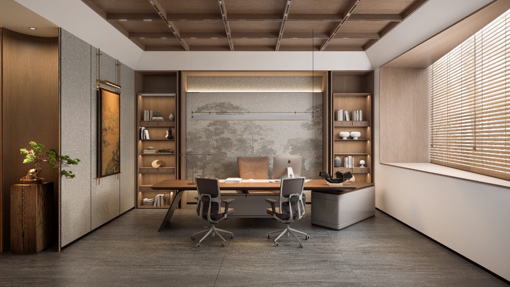 Minimalist executive office with a bonsai