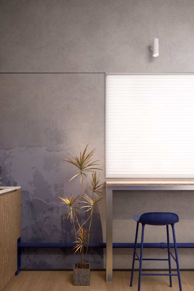 Commercial space view with blue pipes and habitat logo