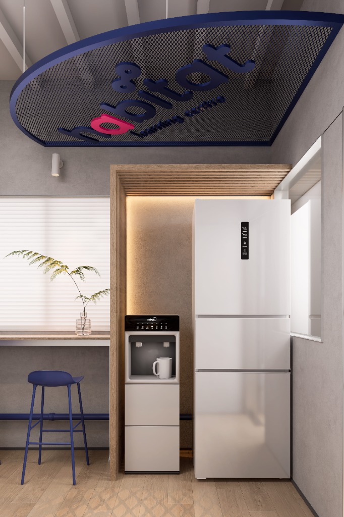 Commercial workspace desks with habitat ceiling