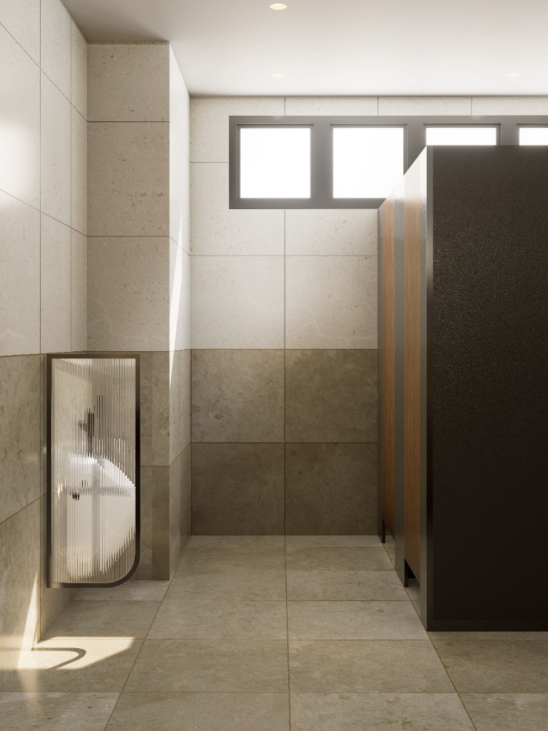 Commercial restroom modern bathroom overview