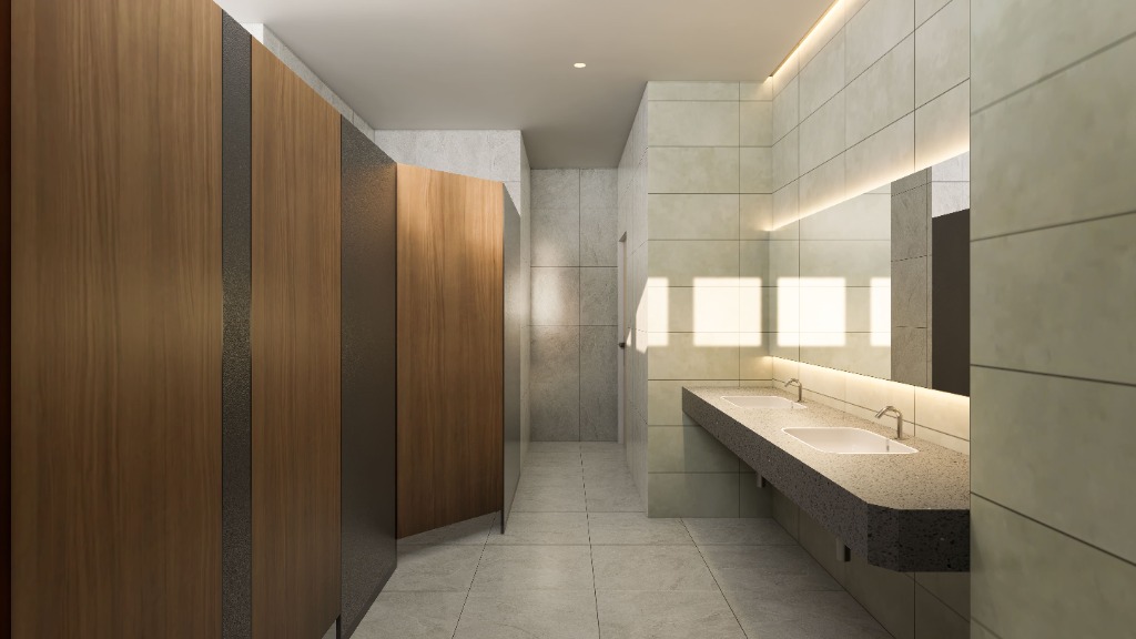 Commercial restroom modern wooden stalls
