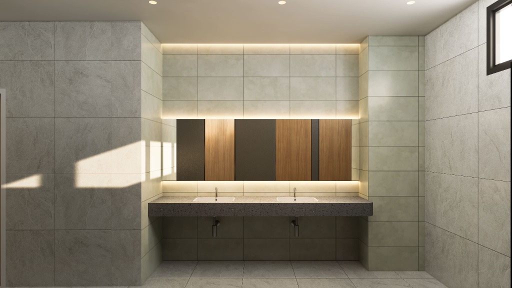 Commercial restroom modern floating sinks with wood panels