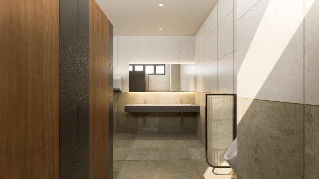 Minimalist commercial restroom urinal with fluted glass