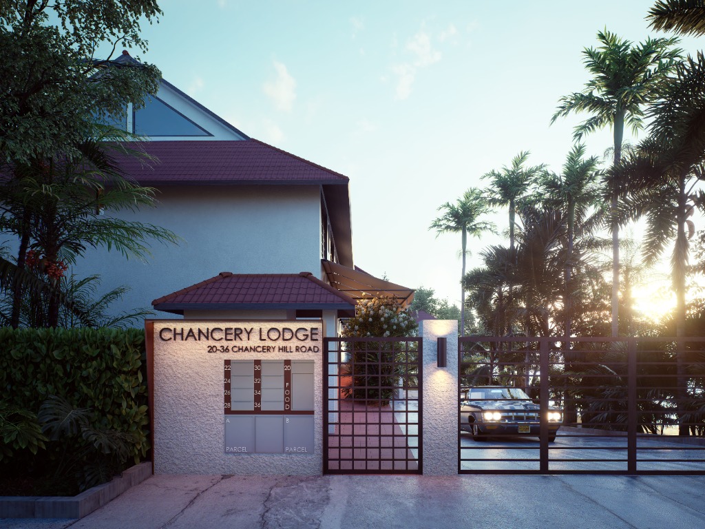 Close view of building sign with mailboxes