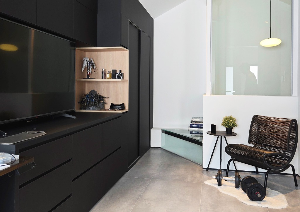 Residential kitchen island with ribbed wood paneling