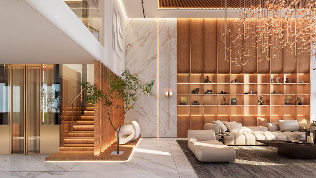 Detailed view of a modern living room shelf and stool