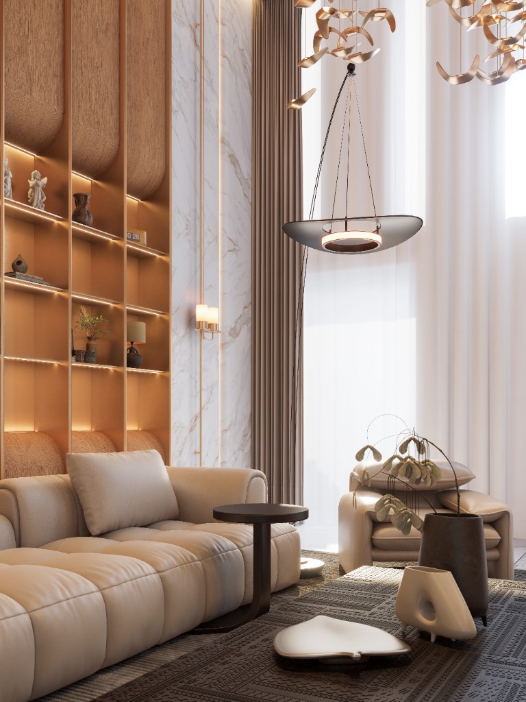Grand living room with marble wall and bookshelf