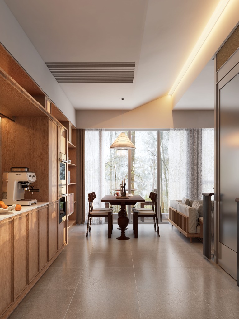 Full view of a modern living room with large TV