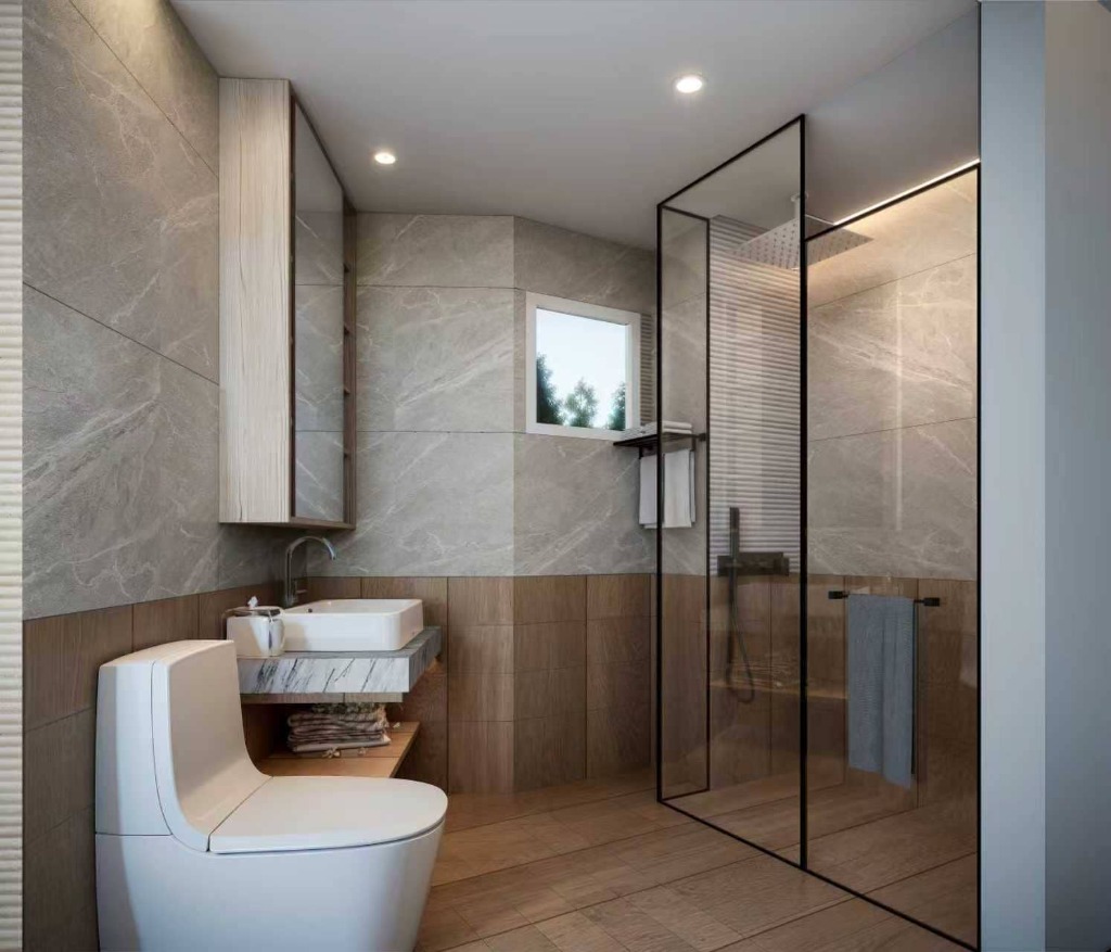 Spacious living room with UHD TV on stone-textured wall