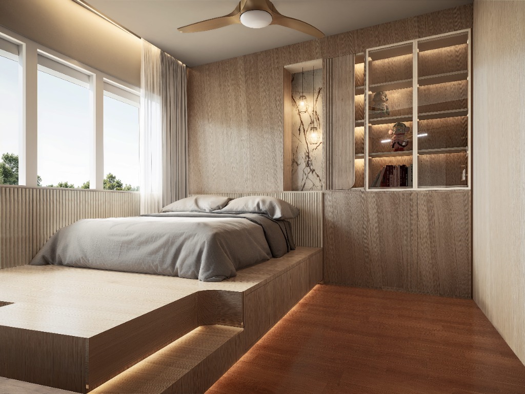 Modern open living/kitchen area with marble accents