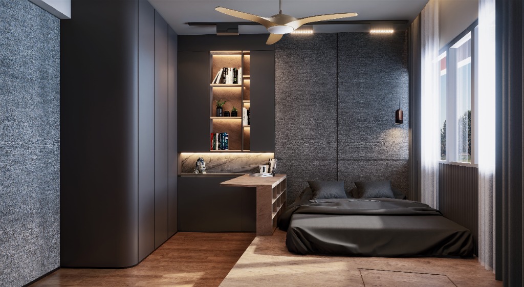Dark-themed modern bedroom with desk/shelving
