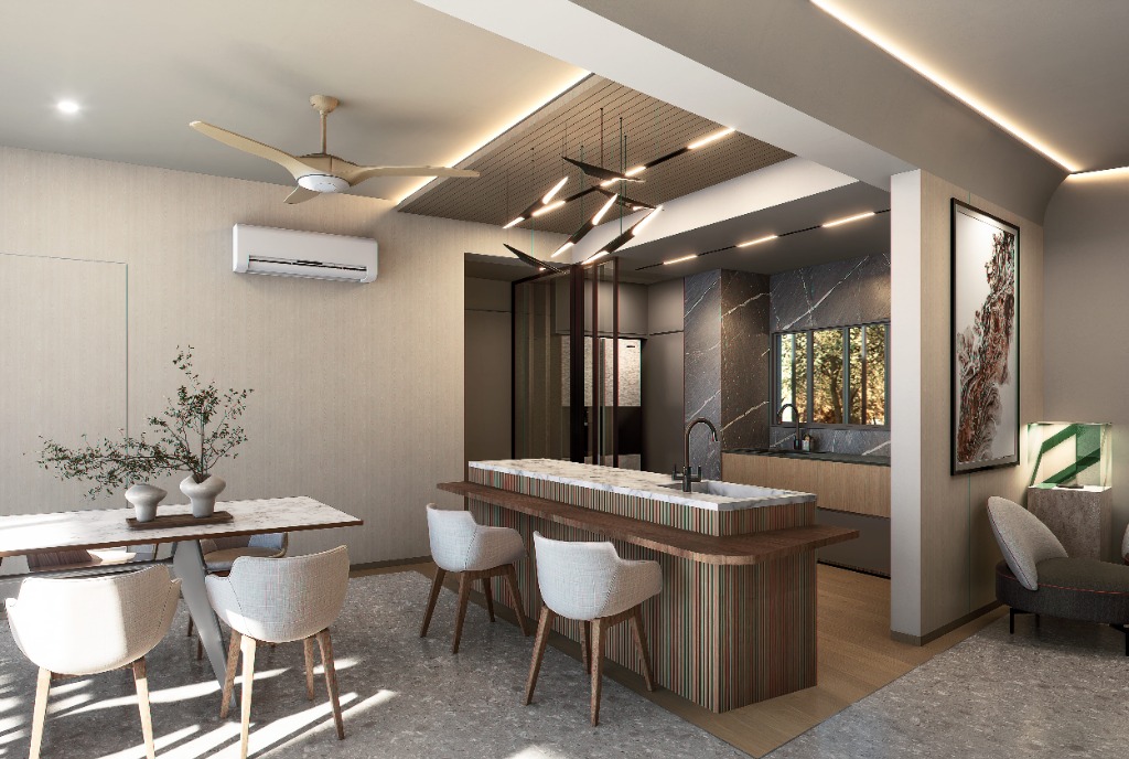 Minimalist bedroom with light wood and built-in shelving