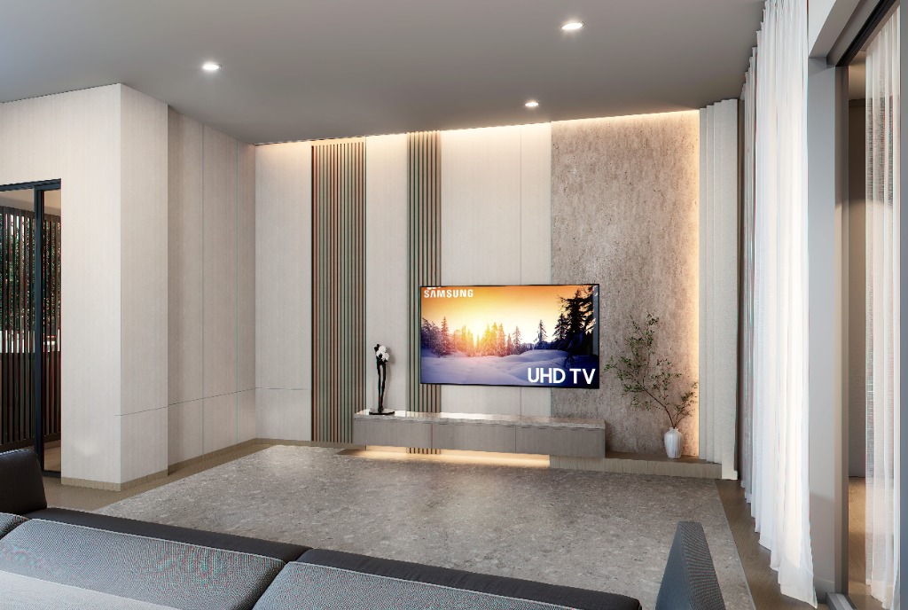 Modern bathroom with stone tiles and glass shower