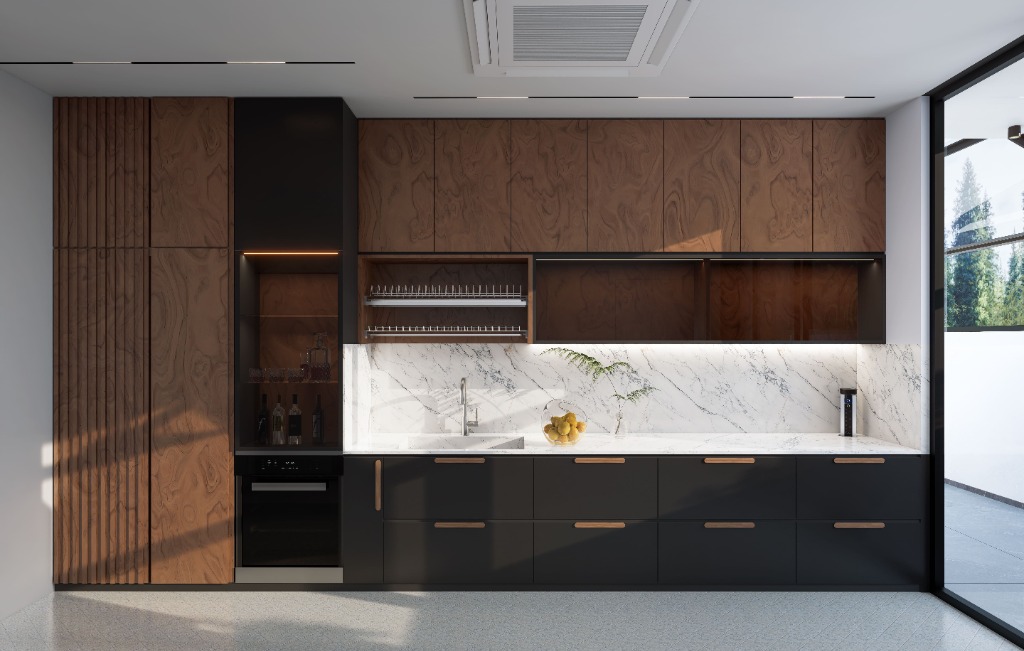 Modern outdoor corridor with glass roof and pool view